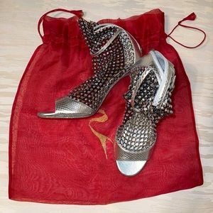 Rene Caovilla Silver Crystal Mesh Snakeskin Sandals